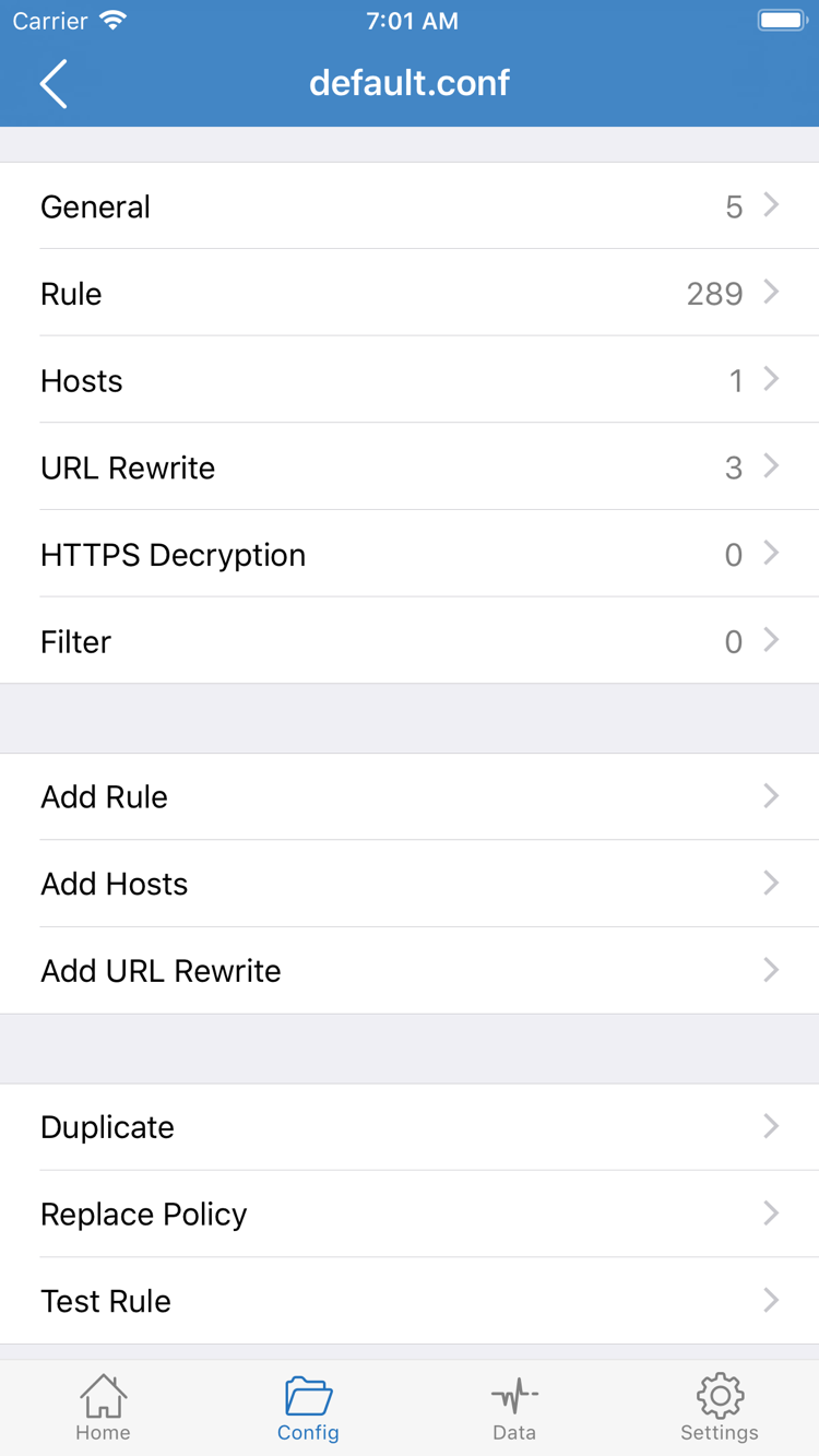 ShadowrocketのConfig構成ファイル編集画面。General、Rule、Hosts、URL Rewrite、HTTPS Decryptionの各セクションとAdd Ruleを表示